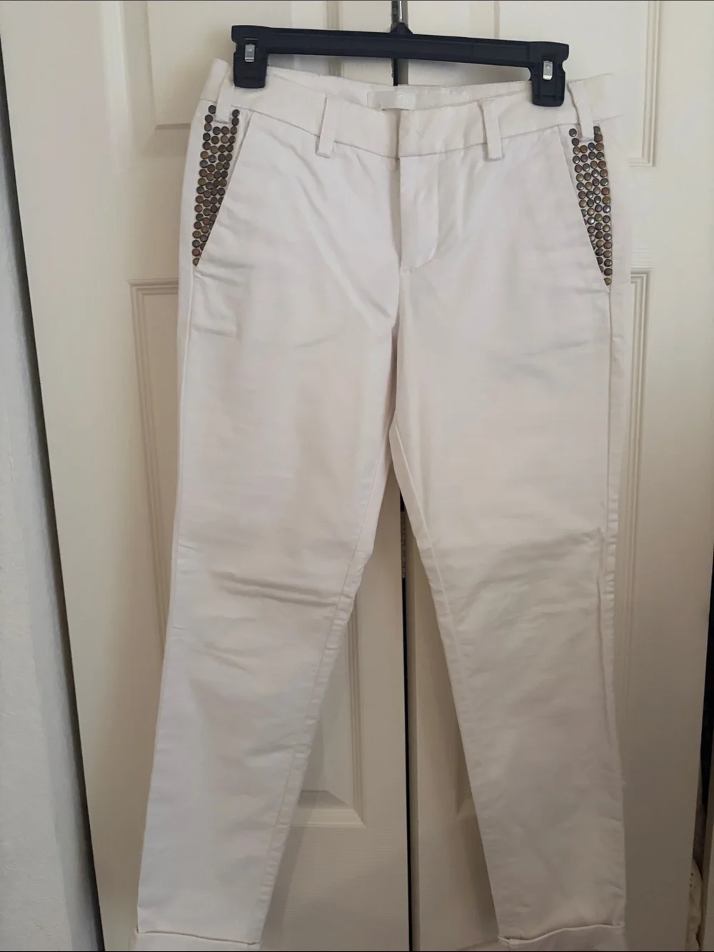 White womens Slim Chino Pants with Stud Pocket Trim